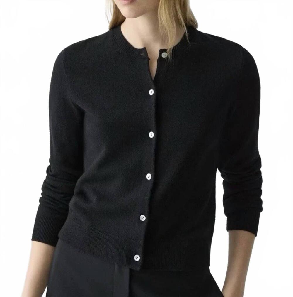 NEW THEORY crewneck cashmere long sleeve cardigan in black